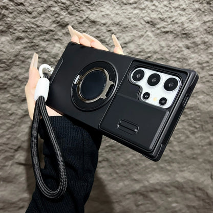 Armor Magnetic Bracket Case For Samsung Galaxy S25 S24 S23 S22 S21 Ultra Plus With Lanyard Slide Camera Protect Shockproof Cover