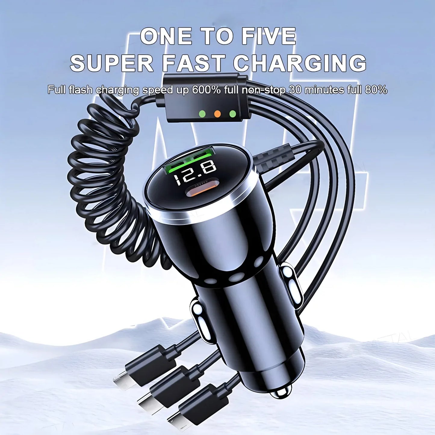 230W Car Charger Fast Charging USB Type-C PD QC3.0 with Retractable Cable Universal Phone Adapter for iPhone Samsung Xiaomi