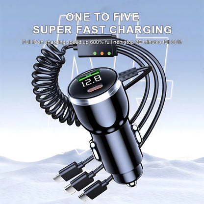 230W Car Charger Fast Charging USB Type-C PD QC3.0 with Retractable Cable Universal Phone Adapter for iPhone Samsung Xiaomi