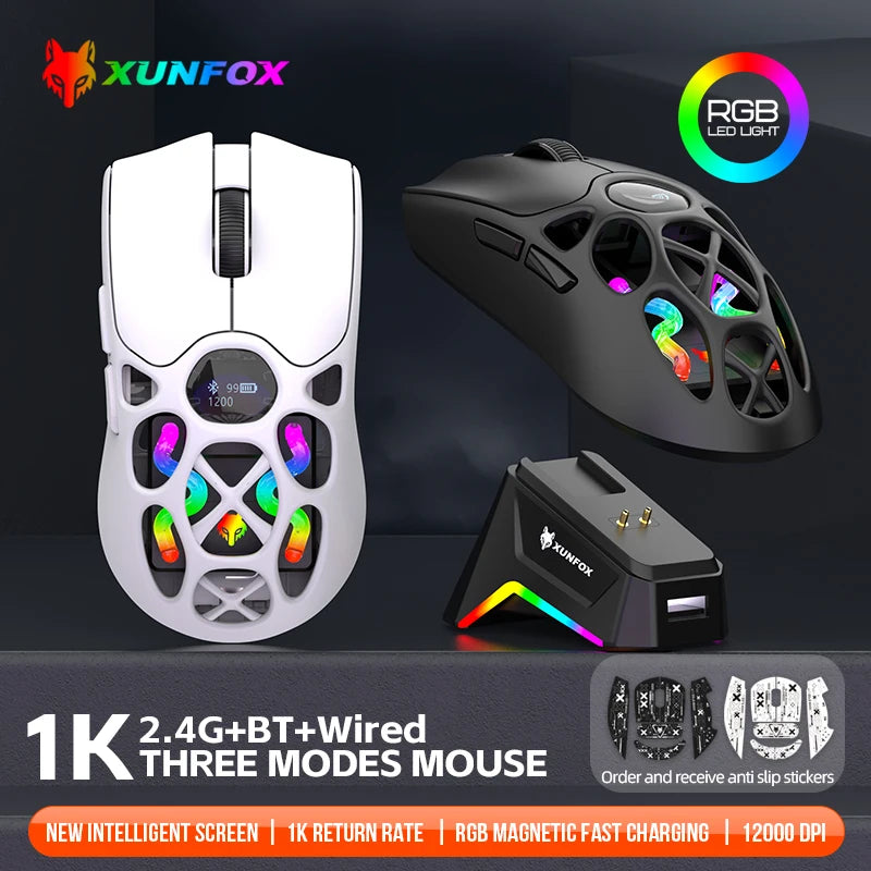 XUNFOX H16PRO Mouse, lightweight S205, three-mode wireless Bluetooth mouse for gaming, charging, RGB lighting, suitable for P