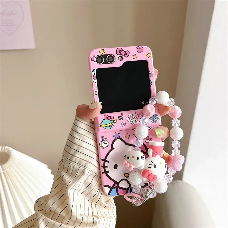 Cute Cartoon Sanrio Hello Kitty Phone Case For Samsung Galaxy Z Flip 6 5 Candy Colorful Hard Cover For Z Flip 3 4 With Lanyard