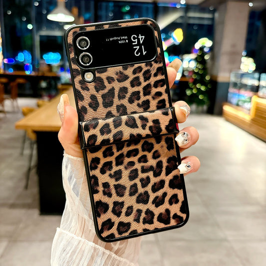 Luxury Leopard Grain Leather Plastic Folding Case For Samsung Galaxy Z Flip 3 4 5 6 Cover