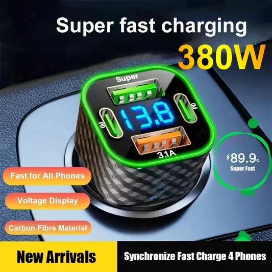 New 380W USB C Car Phone Charger Dual PD 4 in 1 with Voltage Display Super Fast Charge Adapter for iPhone Oppo Vivo Samsung