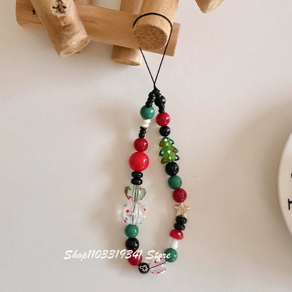 INS Cute Christmas Tree Beaded Phone Charm Chain For Phone Case Phone Straps Accessories Anti-Lost Keychain Lanyard Girl Gift