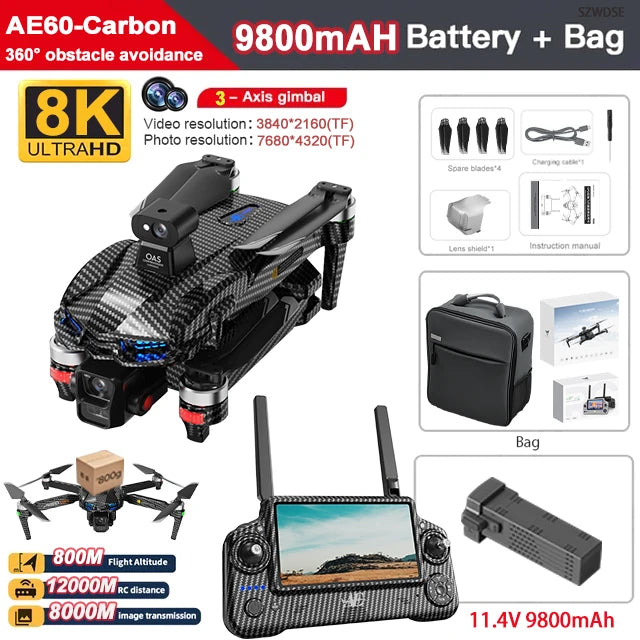 New AE60 GPS RC Drone 8K Professional HD Camera Brushless 3-Axis Gimbal Obstacle Avoidance Large Screen FPV Drones RC Quadcopter