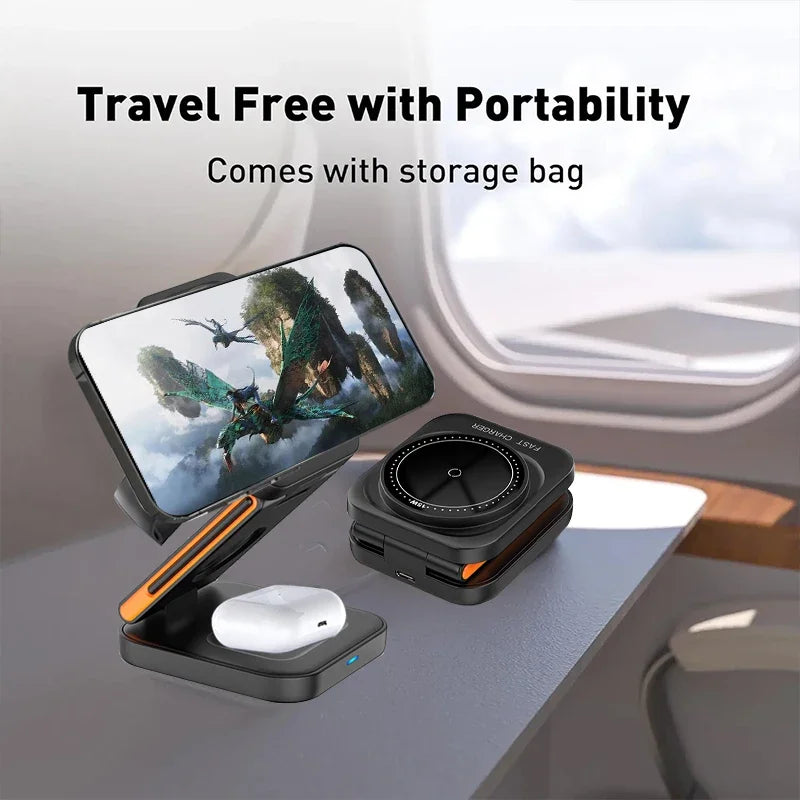 30W 3 in 1 Foldable Charging Station Fast Magnetic Wireless Charger Stand for iPhone 15 14 13 12 Apple Watch 8 7 6 Airpods Pro