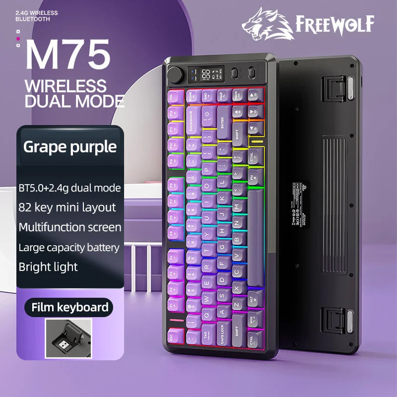 FREE WOLF M75 82-Key Compact Wireless Gaming Keyboard - Dual Mode (Bluetooth/2.4G) RGB Backlit OLED Display Large Battery