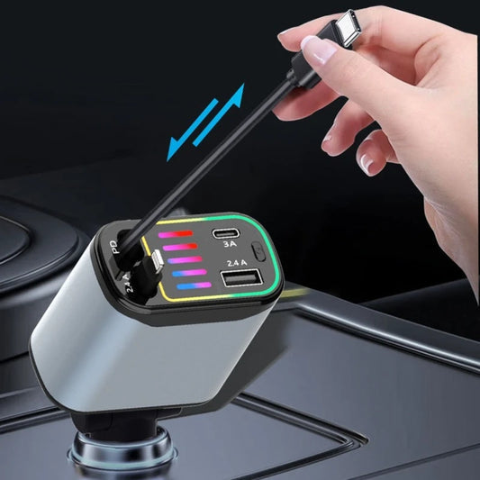 Retractable Car Charger Fast Charging Dual USB Ports Compact Car Phone Charger with LED Light for Travel Compatible All Phones