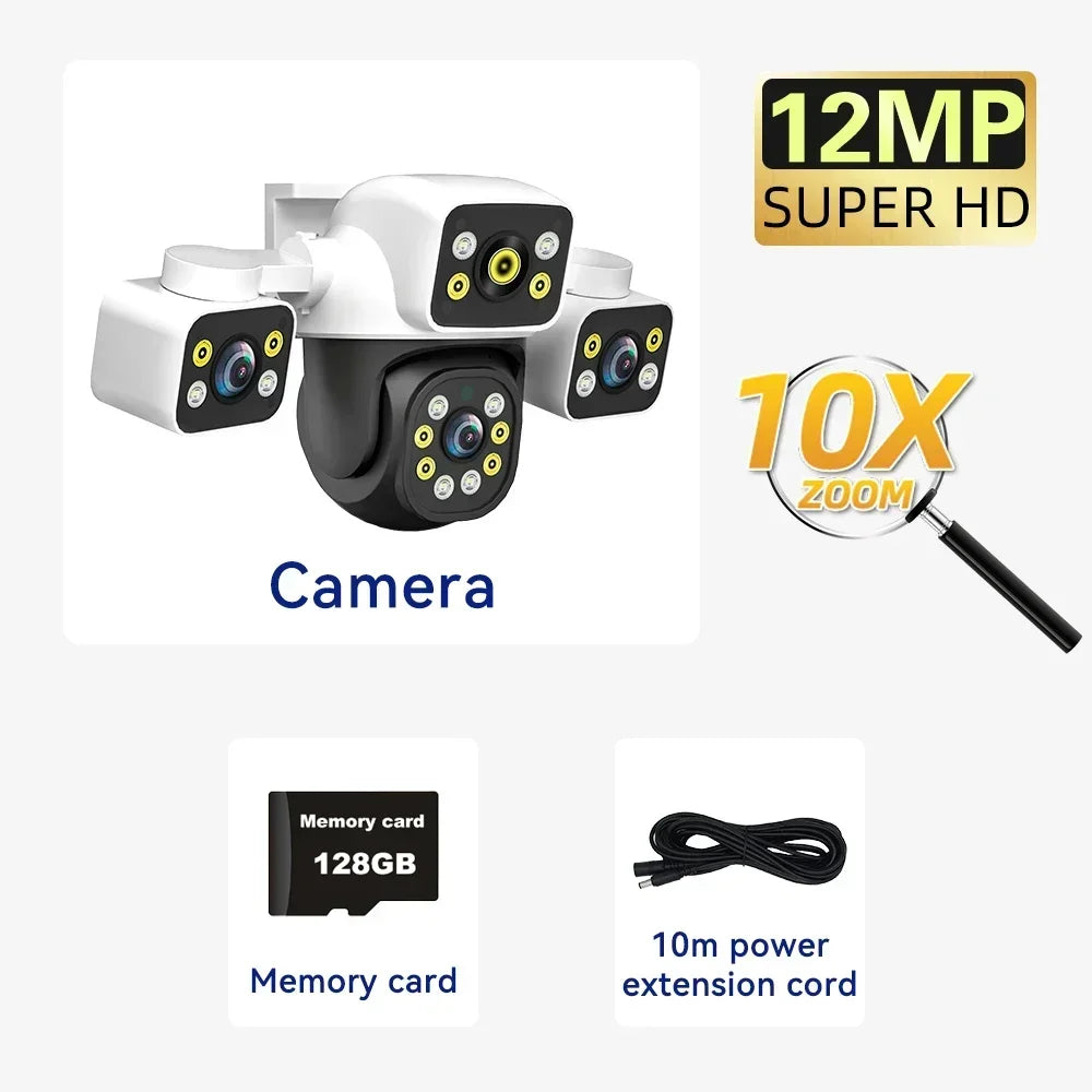 6K 12MP Outdoor WiFi Camera Three Screen Three Lens 10X Zoom PTZ Automatic Tracking Audible Visual Alarm Security Cam