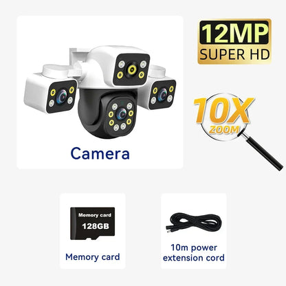 6K 12MP Outdoor WiFi Camera Three Screen Three Lens 10X Zoom PTZ Automatic Tracking Audible Visual Alarm Security Cam