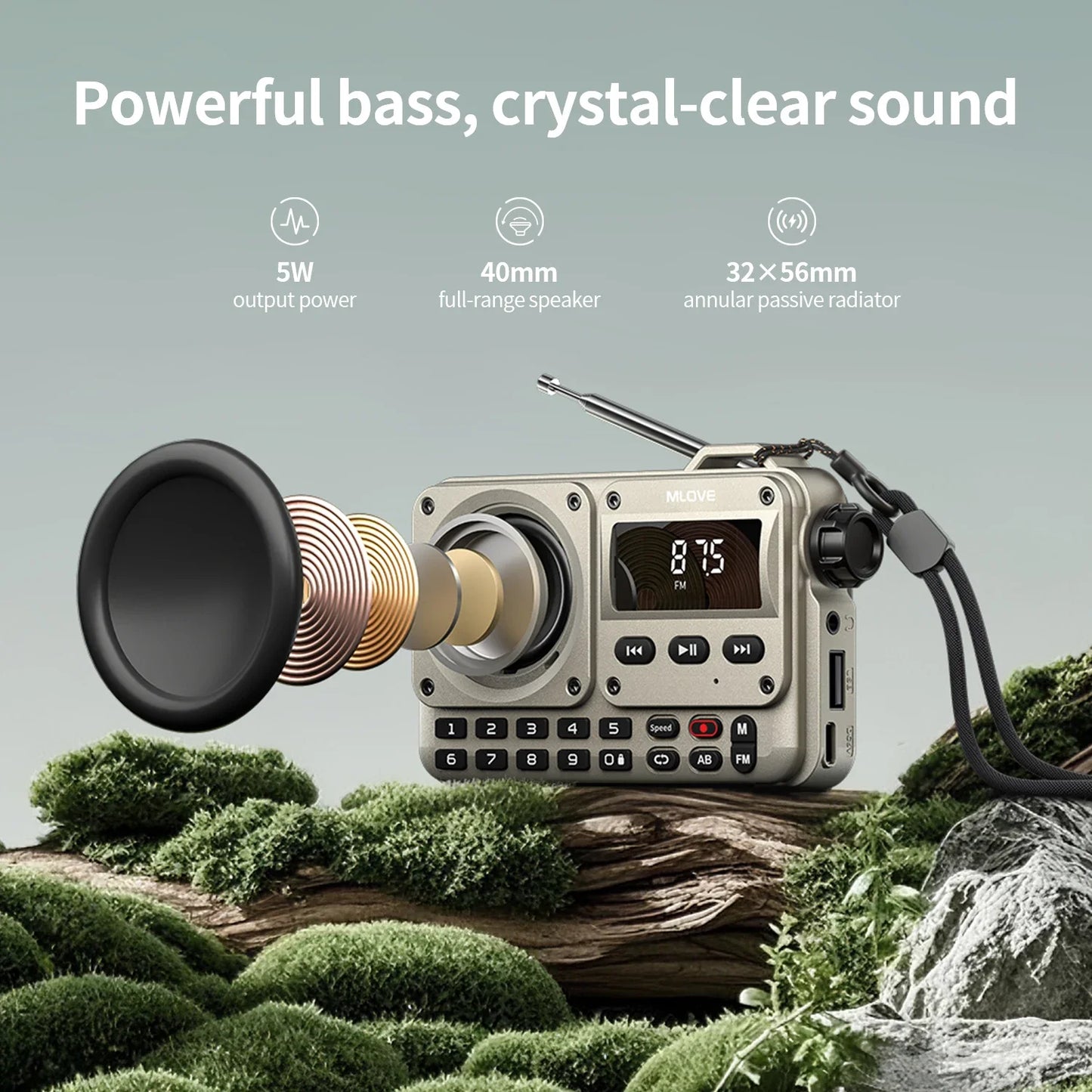 MLOVE BV800P Portable Bluetooth Speaker with FM Radio, MP3 Player, USB/TF Card, AUX & Antenna – All-in-One Audio for On-the-Go