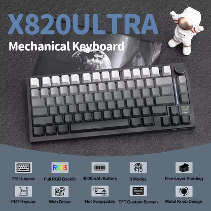 Attack Shark X820Ultra Wireless 75% Mechanical Gaming Keyboard with Screen & Knob Hot Swappable 2.4GHz/BT/Wired RGB