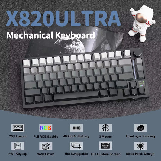 Attack Shark X820Ultra Wireless 75% Mechanical Gaming Keyboard with Screen & Knob Hot Swappable 2.4GHz/BT/Wired RGB