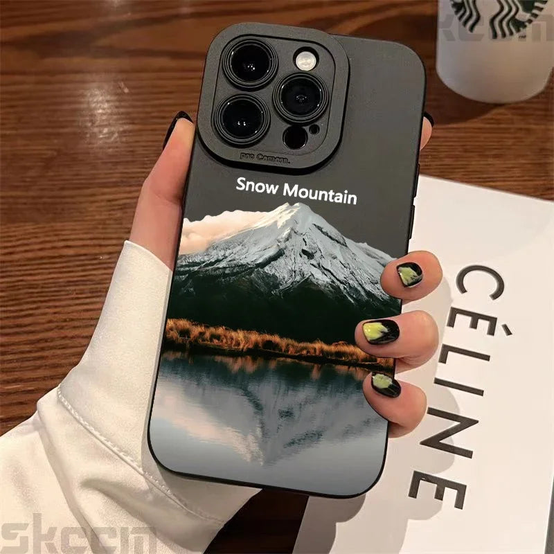 Black Mountain Peak Pattern Phone Case For iPhone 16 15 14 Pro Max 11 12 13 Mini XS XR X 8 7 Plus Shockproof Soft Silicone Cover