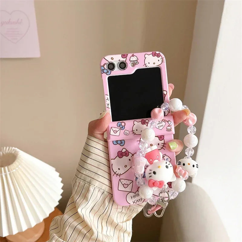 Cute Cartoon Sanrio Hello Kitty Phone Case For Samsung Galaxy Z Flip 6 5 Candy Colorful Hard Cover For Z Flip 3 4 With Lanyard