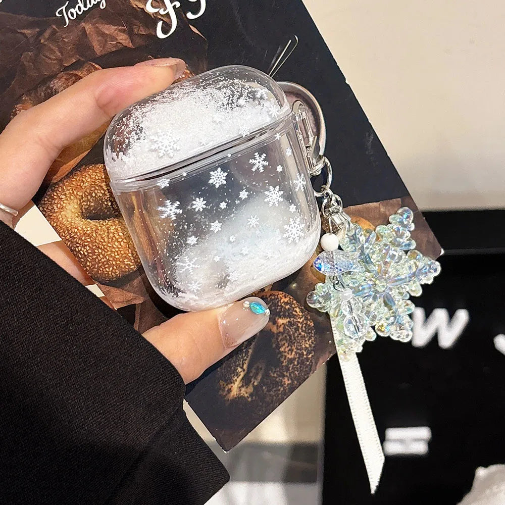 Dreamy Snowflake Quicksand Christmas Case For AirPods 4 ANC for Apple AirPods 1 2 3 Pro Pro2 Hard Earphone Cover with Keychain