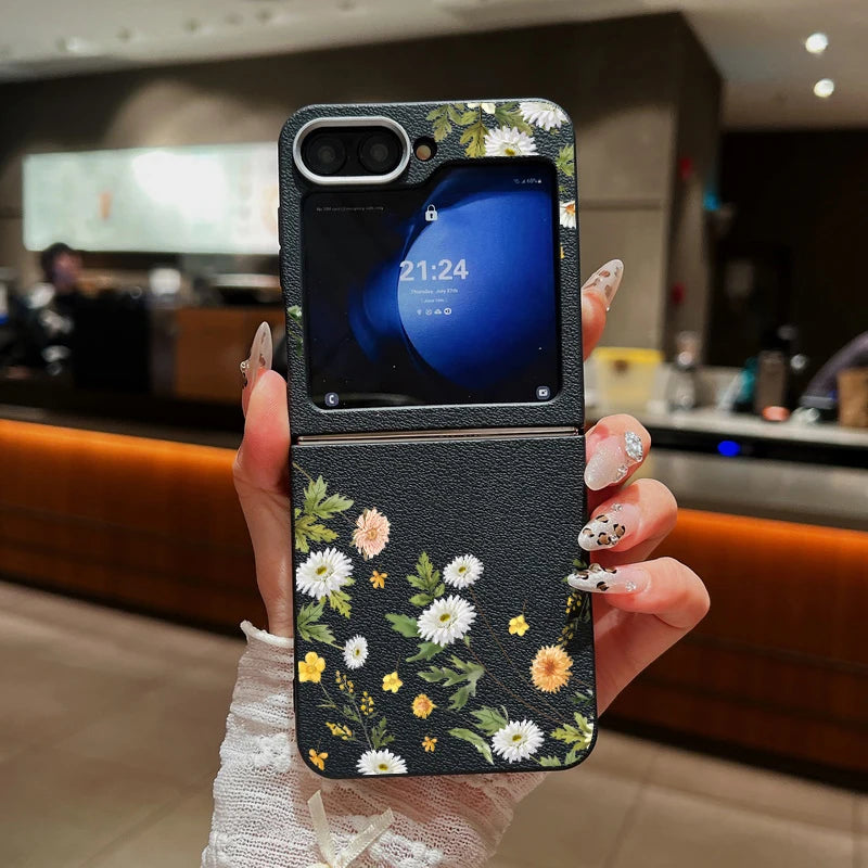 For Samsung Galaxy Z Flip 7 5 4 3 6 5G Small Flowers Folding Phone Case Leather Texture TPU Soft Cover For Samsung Z Flip3 Flip4