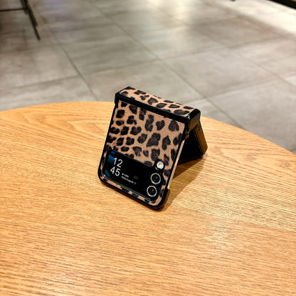 Luxury Leopard Grain Leather Plastic Folding Case For Samsung Galaxy Z Flip 3 4 5 6 Cover