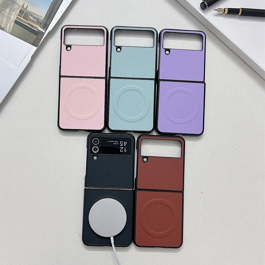 Business PU Leather Magsafe Case for Samsung Galaxy Z Flip 3 4 5 6 7 PC Shockproof Magnetic Wireless Charging Z Flip 6 7 Cover