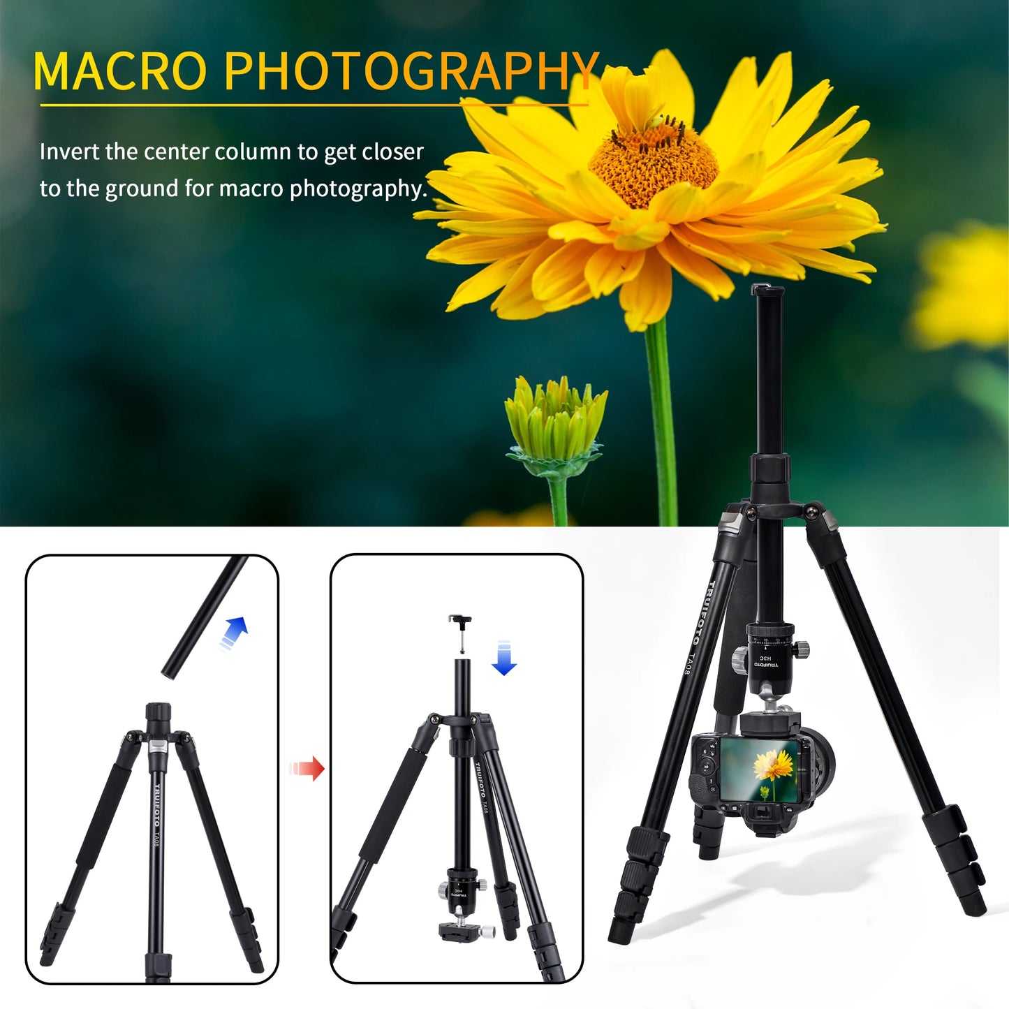Photography tripod for digital SLR cameras, compatible with macro photography, portable travel tripod with inverted center post