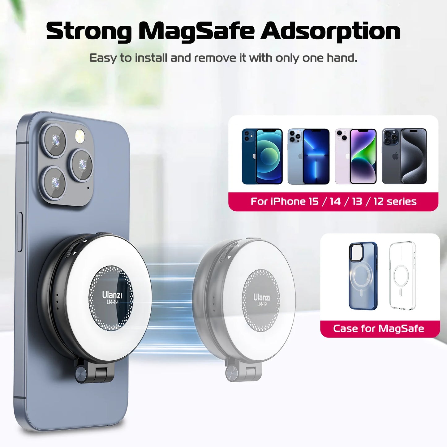 Ulanzi LM19 Mobile Phone Selfie Light Bi-color Pocket LED Magnetic Mini Ring Lamp Photography For iPhone 16 15 Apple 14 13 Pro