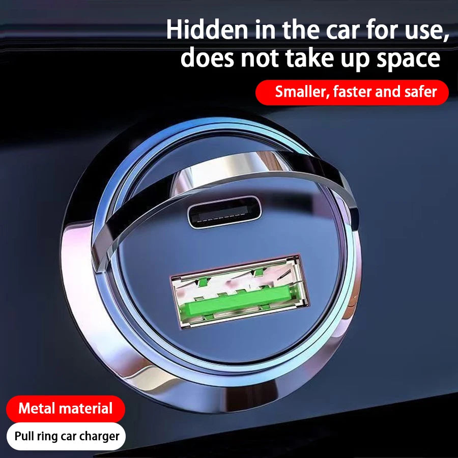 Hidden Mini Car Charger Pull Ring USB+TYPE C Fast Charger Is Suitable For a Variety Of Mobile Phone Devices