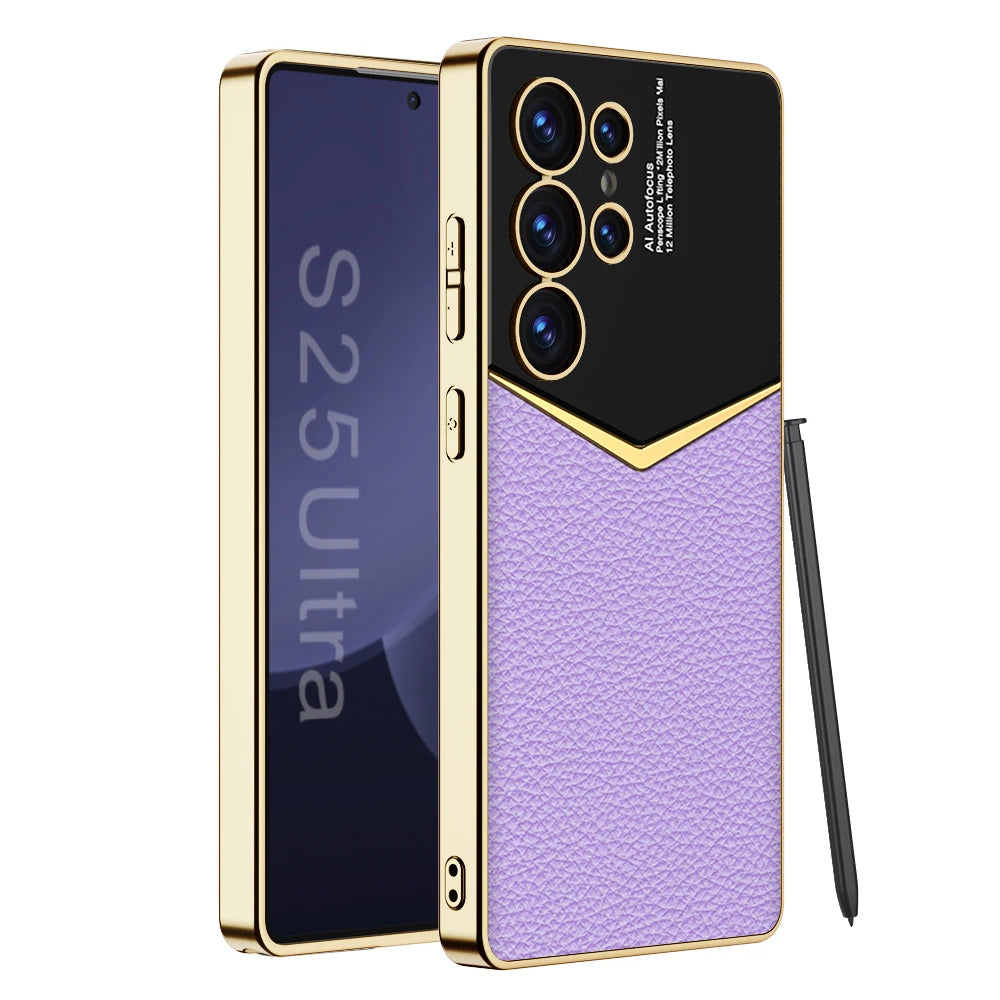 Luxury Leather Plating Frame S24Ultra S25Ultra Case For Samsung Galaxy S23 S24 S25 Ultra Soft Edge Shockproof Protection Cover