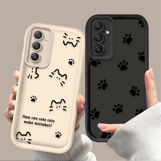 Cute Line Cat Dog Footprint Phone Case For Samsung Galaxy A14 A15 5G S21 S22 S23 S24 5G FE Plus Ultra A25 A35 A52 A53 A54 A55 5G