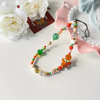 Korean 3D Cute Cartoon christmas  ornaments Gingerbread man Beaded Phone Chain Lanyard Charm Keychain For iPhone Anti-Lost Chain