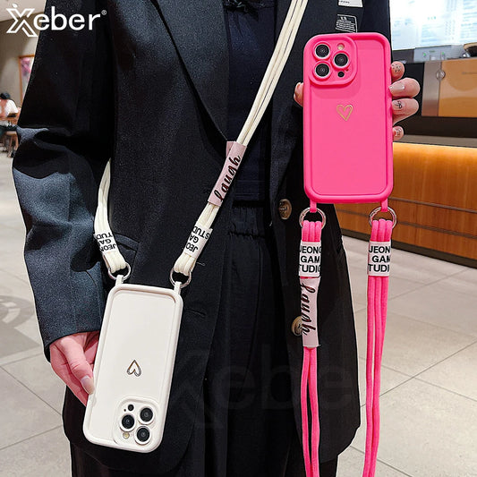 Cute Heart Crossbody Lanyard Liquid Silicone Soft Case For iPhone 16 15 Pro Max 14 13 12 11 XR XS X 8 Plus Necklace Strap Cover
