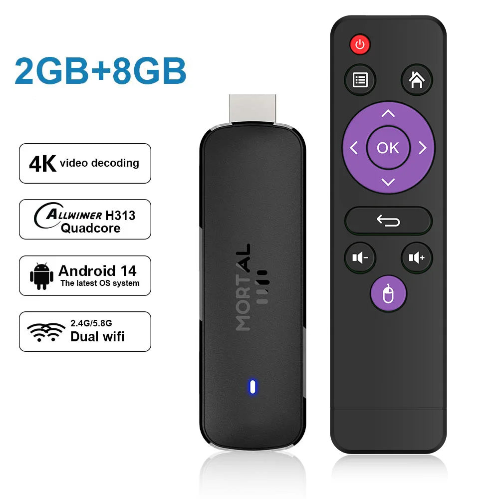Android14 TV Stick  Mortal Q8 Global Version  Allwinner H313 Chip Wifi6 Voice Remote 8K 4K@60fps YouTube Stream TV stick 2G8G16G