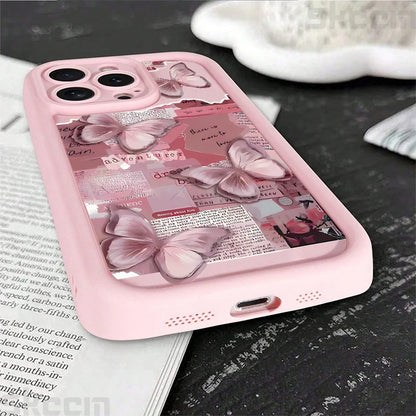 Pink Cute Butterfly Silicone Soft Phone Case For iPhone 16 16E 15 14 13 12 11 Pro Max XS XR X 7 8 Plus Shockproof Candy Cover