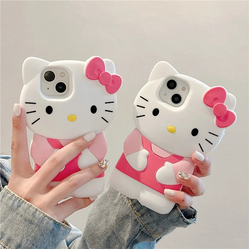 For iPhone 16 15 14 13 12 11 Pro Plus mini Max Xs XR 6 7 8 SE Silicone Bow Pink Hello Kitty Soft Cover Case