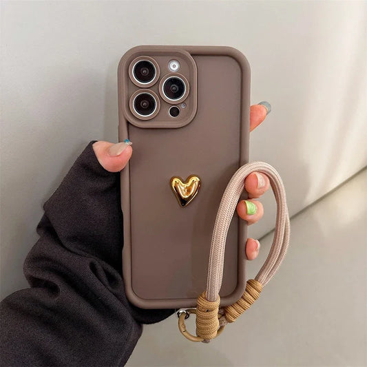 Cute Korean 3D Golden Love Heart Soft Case For iPhone 16 Pro Max 15 14 13 12 11 17 16 E Plus Luxury Wrist Chain Hang Strap Cover