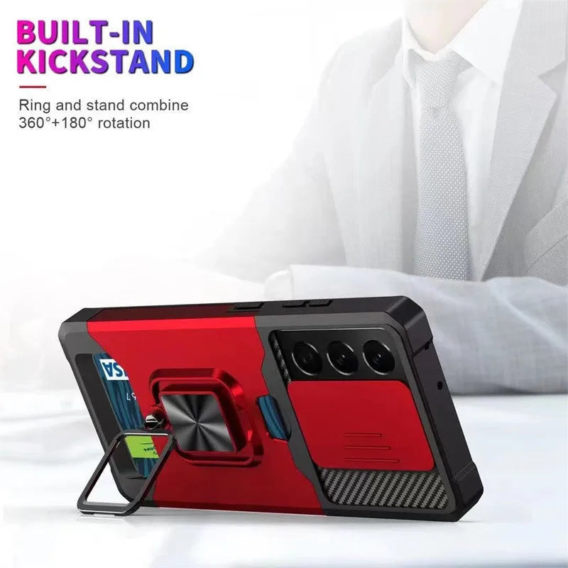 For Samsung S24 S23 S22 Ultra Phone Case Ring Holder Card Insertion Lens Push Window Protection Anti Drop Back Cover