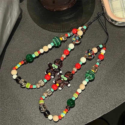 Gingerbread Man Christmas Tree Mobile Phone Chain Hanging Rope Love Heart Bead Chain Wrist Hanging Chain Camera Hanging Pendant