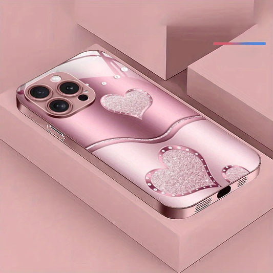 Cute Love Heart Pattern Pink Metallic Paint Glass Hard Phone Case For iPhone 17 Air 17 16 15 14 13 12 11 Pro Max Plus 16E Cover
