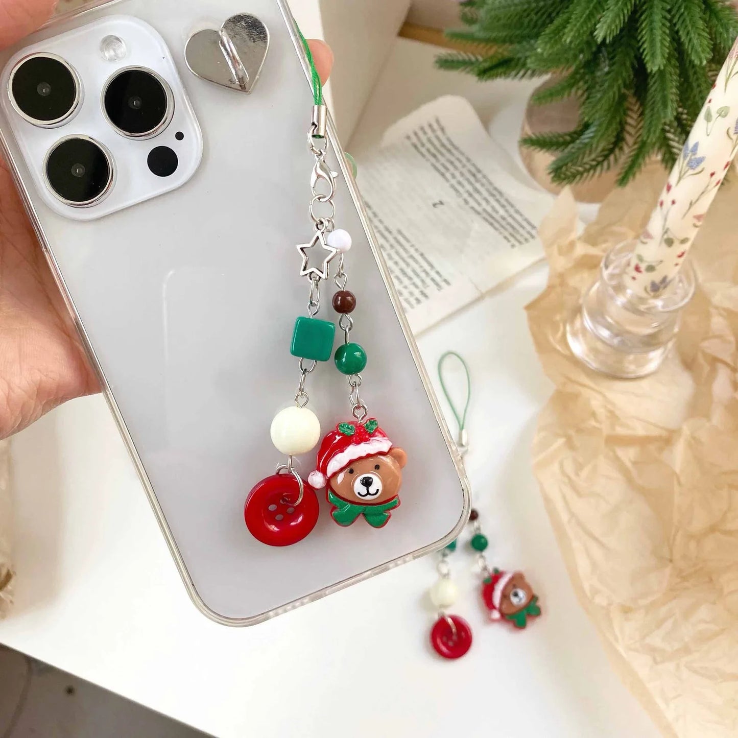 Christmas Phone Lanyard Gingerbread Man and Bear Pendant Christmas Tree Holiday Gifts Animal Beaded Phone Chain Keychain