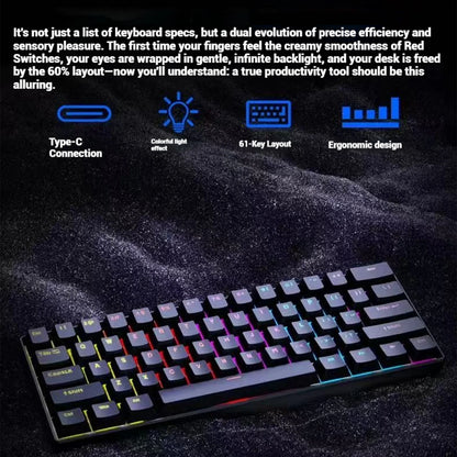 2026 New USB Gaming Mechanical Mini Keyboard Red Switch RGB Backlit 61 Keys Wired Feel for Game/Office