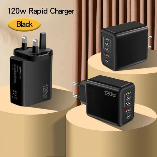 120W Multi Ports USB Charger Fast Charging Type C Mobile Phone Charger For iPhone 15 Huawei Samsung Xiaomi Quick Charge Adapter