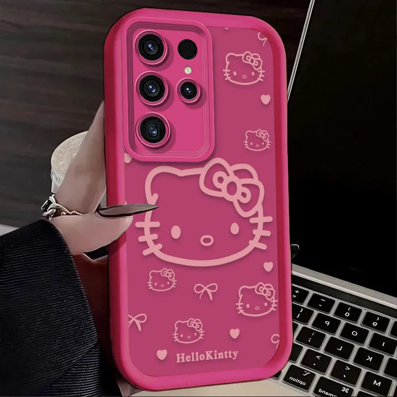 Pink Line Hello Kitty Case For Samsung Galaxy S23 S24 S25 Ultra S22 S21 Plus FE A56 A36 A26 A16 A06 A15 A25 A35 A55 5G Soft Etui