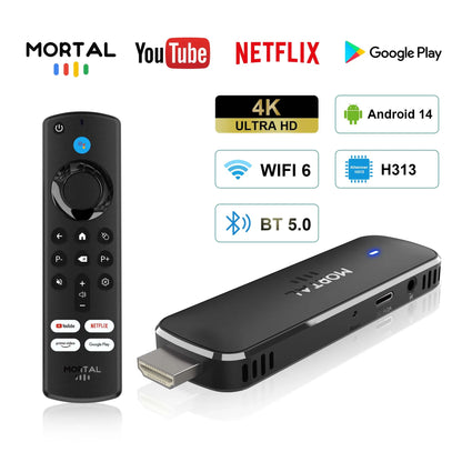Mortal Q8 WIFI6 BT5.0 Google Voice Assistant AllwinnerH313 Android 14 Portable Android FireTV Stick Smart Streaming Media Player