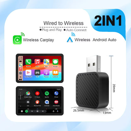 2 in 1 Smart Dongle AI Box Mini Adapter Wired to Wireless Carplay&Android Auto Compatible with 99% of Cars Plug and Play WiFi