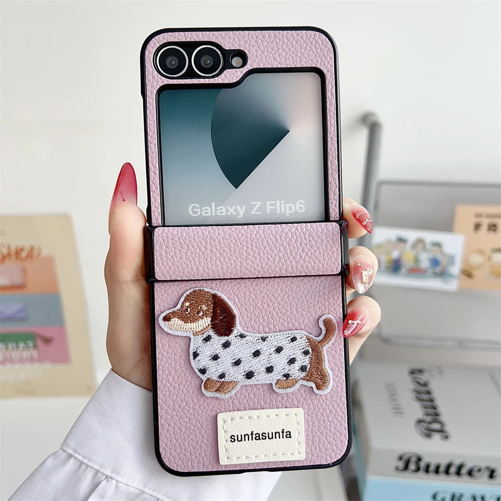 Cartoon PU Leather Shockproof Phone Case for Samsung Galaxy Z Flip 6 5 4 3 Flip6 Flip5 Flip4 Flip3 5G Hinge Protective Cover
