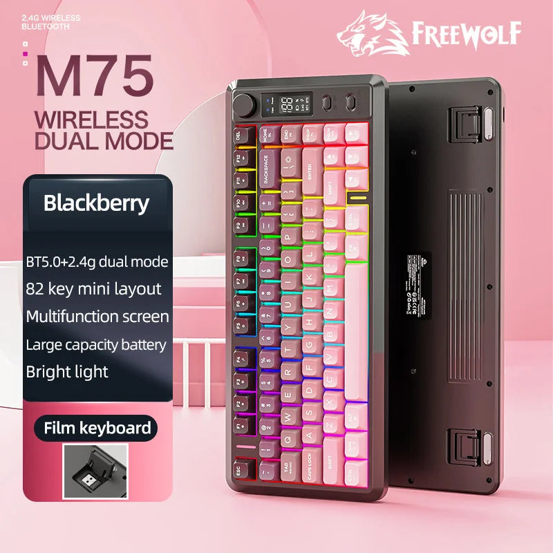 FREE WOLF M75 82-Key Compact Wireless Gaming Keyboard - Dual Mode (Bluetooth/2.4G) RGB Backlit OLED Display Large Battery