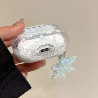 Dreamy Snowflake Quicksand Christmas Case For AirPods 4 ANC for Apple AirPods 1 2 3 Pro Pro2 Hard Earphone Cover with Keychain