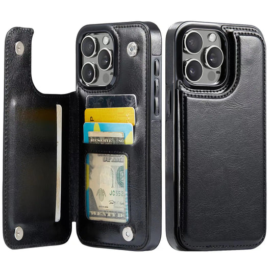 For iPhone 16 15 14 Plus 13 12 Mini 11 Pro Max PU Leather Case Kickstand Card Holder, Double Magnetic Clasp and Durable Shockpro