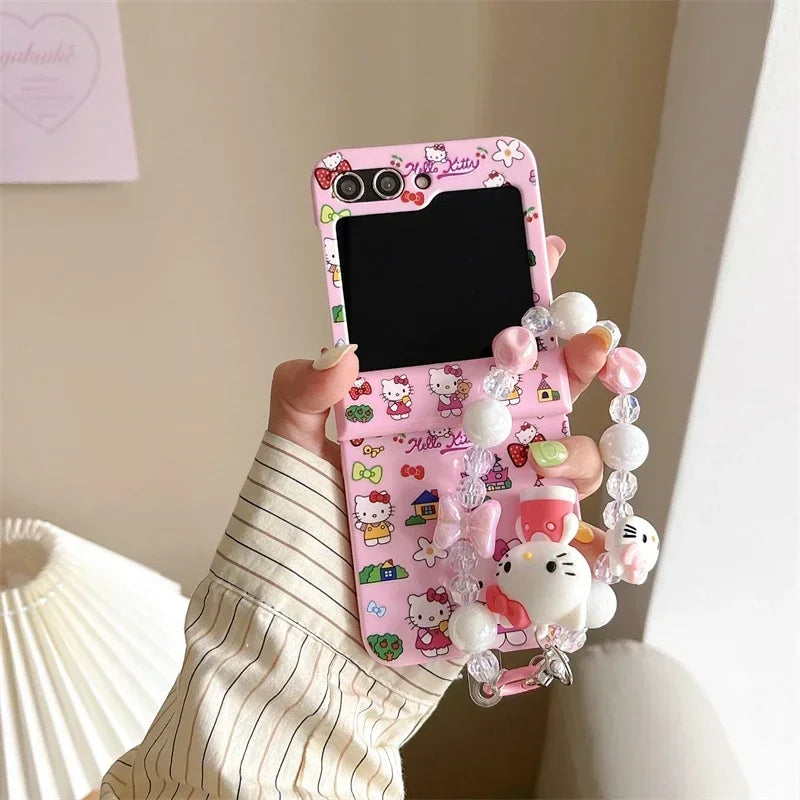 Cute Cartoon Sanrio Hello Kitty Phone Case For Samsung Galaxy Z Flip 6 5 Candy Colorful Hard Cover For Z Flip 3 4 With Lanyard