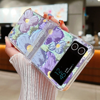 Oil Painting Flower Clear Case For Samsung Galaxy Z Flip 7 6 5 4 3 5G Folding Hard Phone Cover For Samsung Z Flip5 Flip4 Flip3