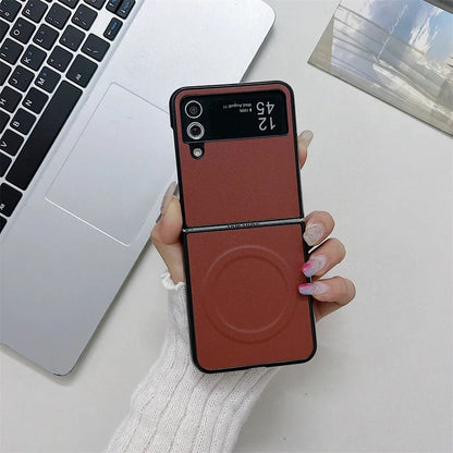 Business PU Leather Magsafe Case for Samsung Galaxy Z Flip 3 4 5 6 7 PC Shockproof Magnetic Wireless Charging Z Flip 6 7 Cover